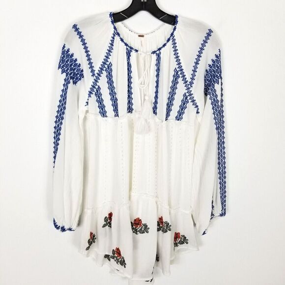 Free People Dresses & Skirts - Free People Womens Wild Horses Mini Dress Sz XS White Embroidered Boho Tassel